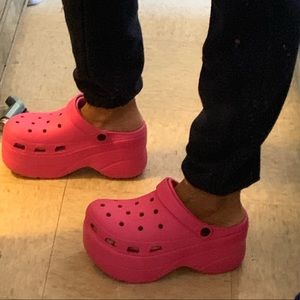 Pink rubber platforms clogs
